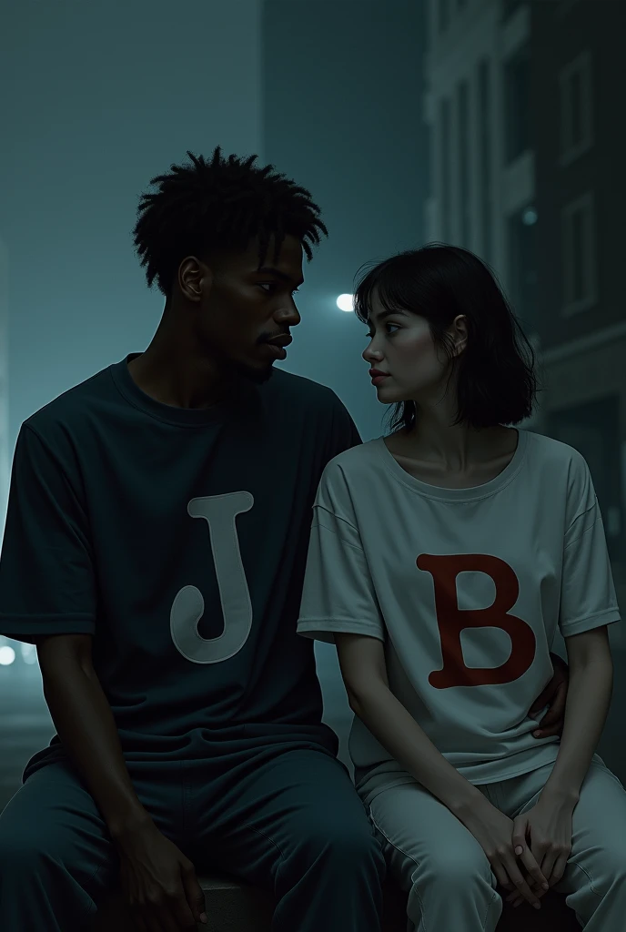 Dark-skinned man with a letter J on his shirt, a small white woman with a letter B on her shirt, sitting at night