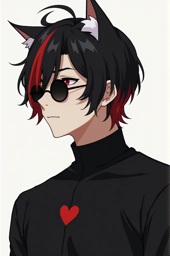 Handsome boy with slightly long black hair, with a red lock in front, round sunglasses, Black shirt with a small heart in the center of the chest, small white cat ears, small black horns on the head, posing in profile