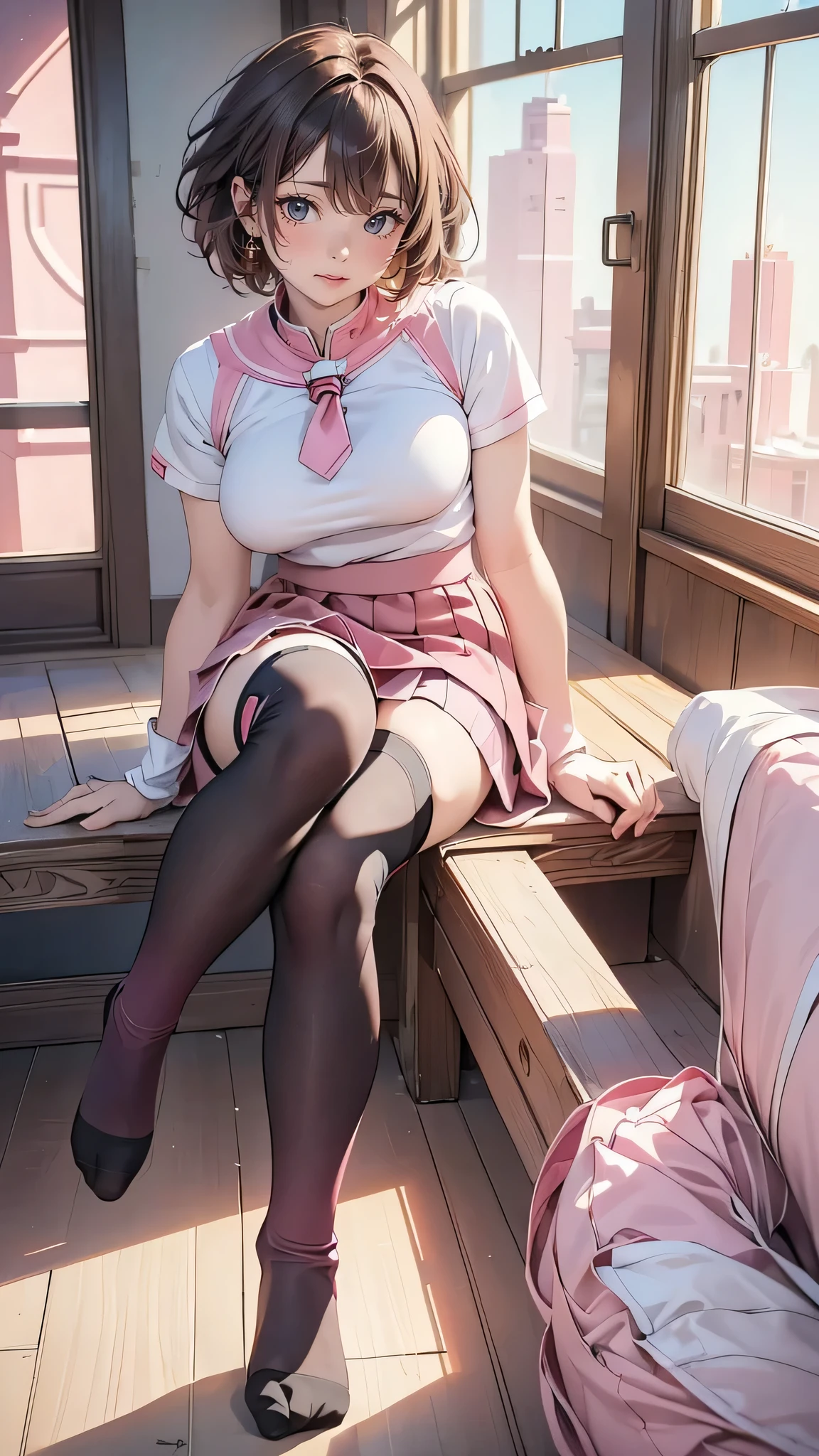 , (nsfw: 1.06), 1girl, solo, accentuated super huge enormously gigantic breasts, looking at viewer, (long neon pink hair, bangs, beautiful eyes, neon pink hair:1.2), white thigh high socks, sexy, seductive, (lying), closed mouth, mini thong, unbuttoned school girl uniform and lifted plaid school girl skirt, full body , micro mini lace bra showing, perfect cameltoe showing, indoors, spread legs open, cleavage and underboob showing, glossy lips, mini thong showing, pubic hair showing, school classroom, realistic, horny, on the floor, sex appeal, cute, photo taken from above, (unbuttoned school girl uniform and lifted plaid school girl skirt, armpit bottom, mini thong showing, horny facial expression, very sexy, sexy seductive slutty pose, full body, legs spread open)