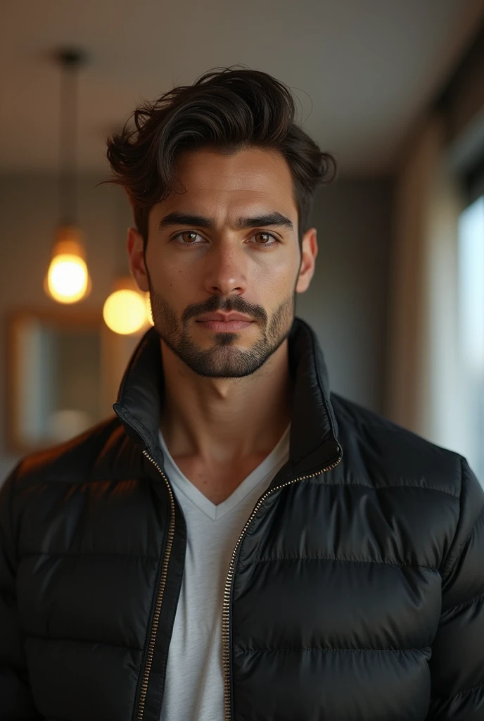 realistic: 1.3, (photorealistic, 8k, RAW photos, premium quality, masterpiece, epic lighting. Selfie, 1 handsome man, self-confident South American, perfectly detailed face and body, scene inside an apartment, lots of lighting, lighting dynamic pose, beautiful and detailed hair, urban clothing, 2 full body photo,