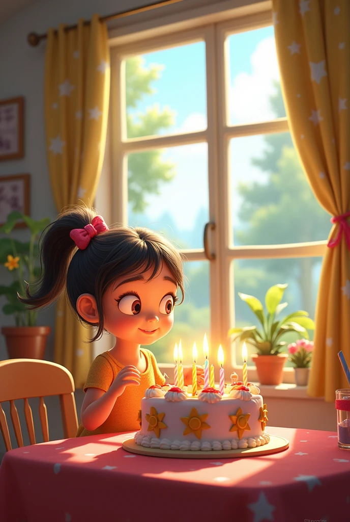 Maria was very excited for her birthday. She had a beautiful cake with candles. bet, when he went to blow out the candles, a strong wind came through the window and blew out all the candles before it.