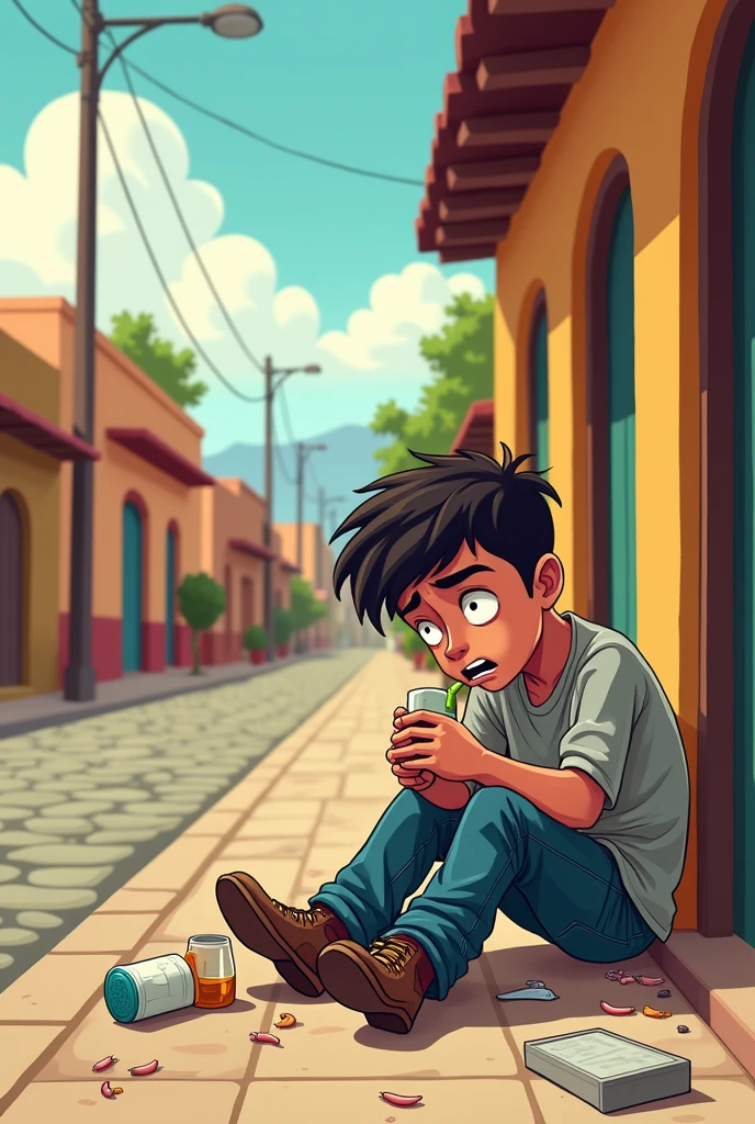 Simple cartoon drawing not very difficult to draw of a drunk teenager consuming alcohol and drugs on the street of an indigenous town in Mexico sitting on the sidewalk