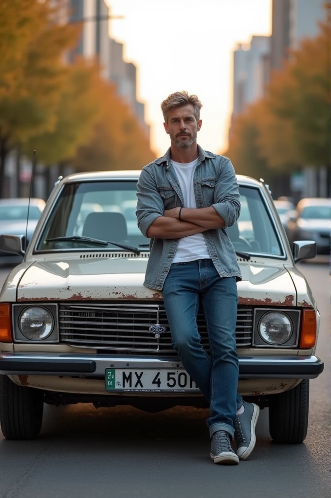 Ford Maverick fully exposed with a 30-year-old white man leaning against it in the city