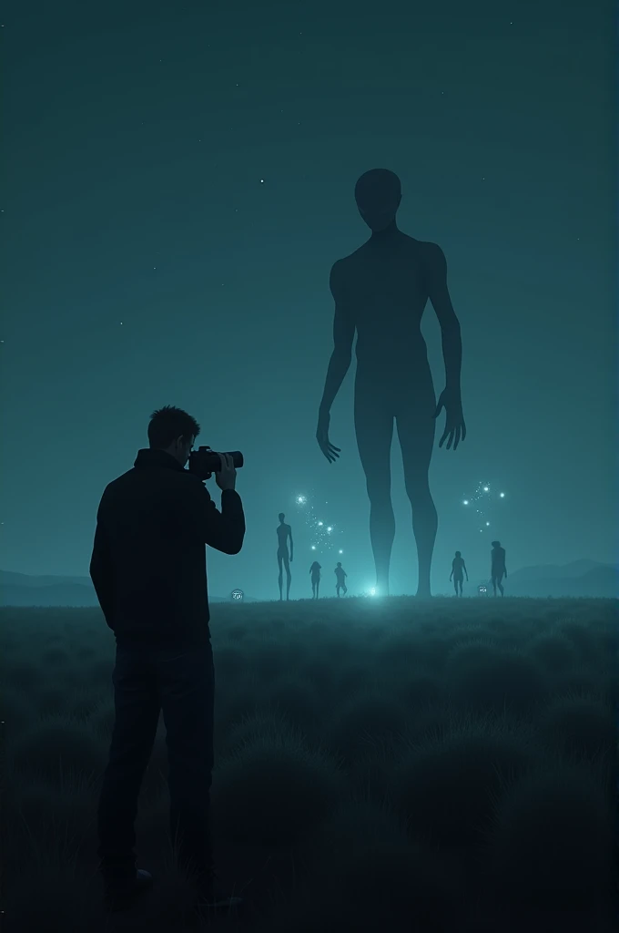 some black alians in very big field ground in night and a man with camra in his hand looking to alians and light on the sky