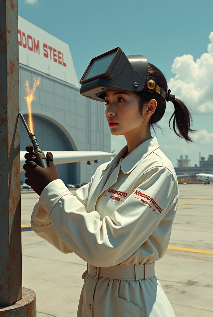 Make an Asian woman wearing a welding lab coat with the word kingdom steel written on it holding a welding torch welds a part of an airplane with the mask raised with the face visible on a landing strip with a hangar with the word kingdom steel written on it which is the futuristic style of 1945