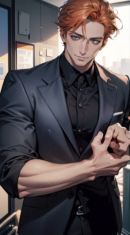 (best quality,4k,8k,highres,masterpiece:1.2),ultra-detailed,(realistic,photorealistic,photo-realistic:1.37),1 man,3,mature man,very handsome,without expression,smile,short grey orange hair,blue eyes,penetrating gaze,perfect face without errors,imposing posture,businessman,office background,cinematic lighting,hdr image