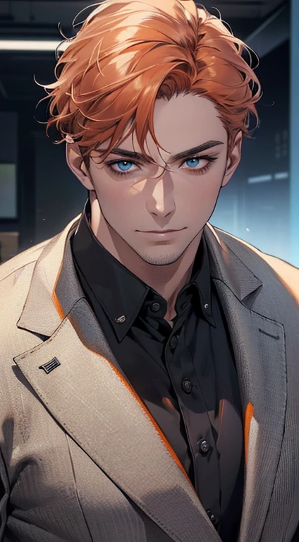 (best quality,4k,8k,highres,masterpiece:1.2),ultra-detailed,(realistic,photorealistic,photo-realistic:1.37),1 man,3,mature man,very handsome,without expression,smile,short grey orange hair,blue eyes,penetrating gaze,perfect face without errors,imposing posture,businessman,office background,cinematic lighting,hdr image