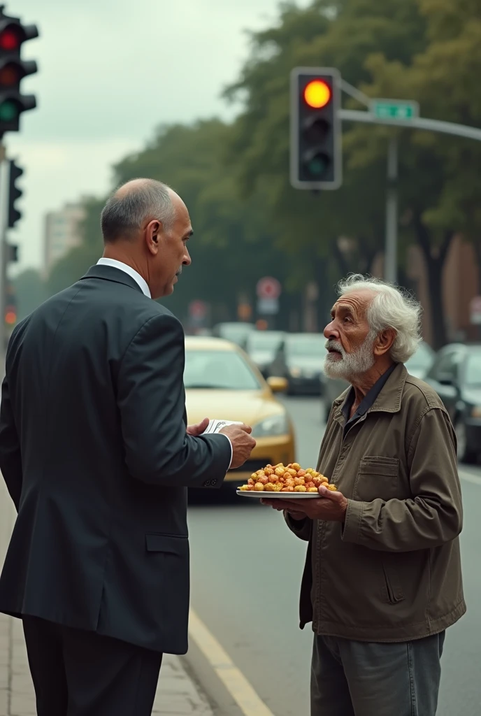 Now please have a politician from the Brazilian Communist Party offer a job as a pamphleteer to an elderly white beggar who was selling candy at a traffic light.
