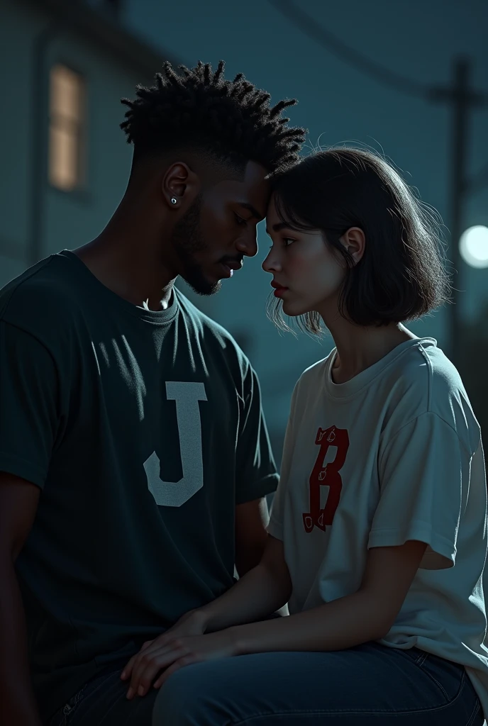 Dark-skinned man with a letter J on his shirt, a small white woman with a letter B on her shirt, sitting at night