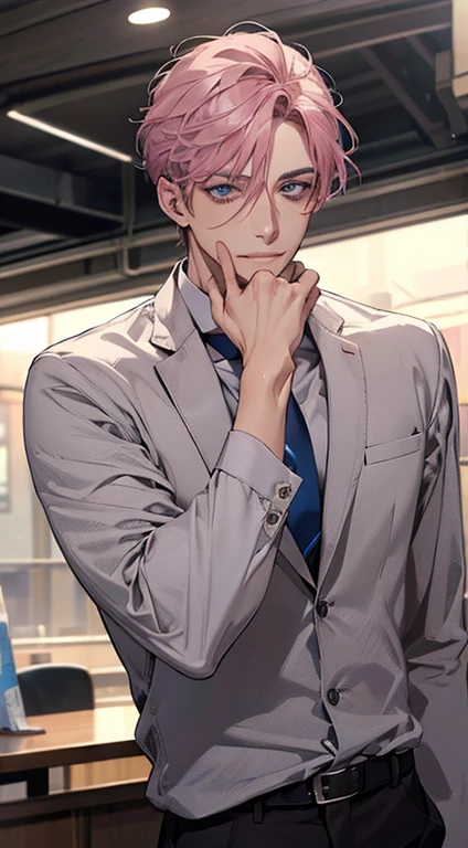 (Highest quality,4K,8K,High resolution,masterpiece:1.2),Super detailed,(Realistic,photoRealistic,photo-Realistic:1.37),1 personld,Mature Men,Beautiful skin、very handsome,Expressionless,smile,Short gray pink hair,blue eyes,Sharp Eyes,A perfect face without a doubt,Businessman,Office Background,Cinema Lighting,HDR image,tie、