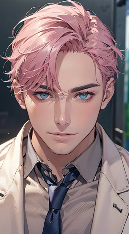 (Highest quality,4K,8K,High resolution,masterpiece:1.2),Super detailed,(Realistic,photoRealistic,photo-Realistic:1.37),1 personld,Mature Men,Beautiful skin、very handsome,Expressionless,smile,Short gray pink hair,blue eyes,Sharp Eyes,A perfect face without a doubt,Businessman,Office Background,Cinema Lighting,HDR image,tie、