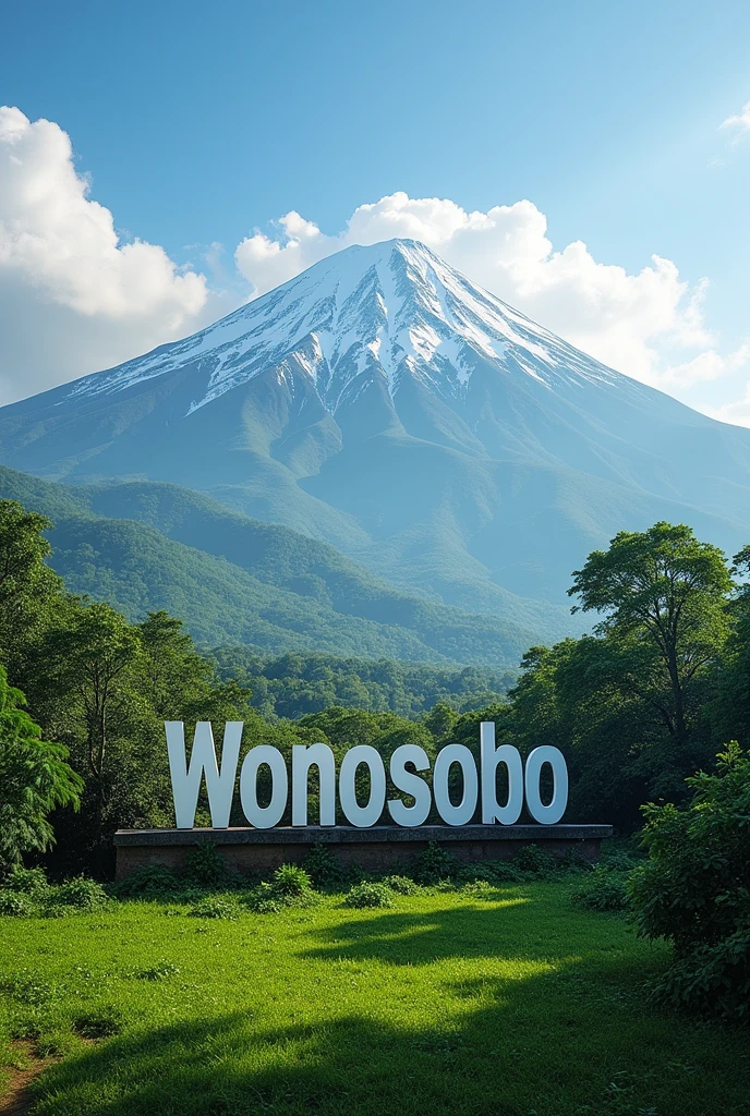 The view of Mount Sindoro, Wonosobo Regency, Central Java, is beautiful, very green and there is a large signboard, WONOSOBO, CENTRAL JAVA.