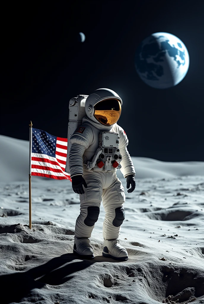 An astronaut in a modern space suit standing on the surface of the Moon. The lunar landscape is barren and covered with fine gray dust, with large craters visible in the background. The Earth is visible in the black sky, glowing with blue and white colors. The astronaut's visor reflects the Earth and the surrounding stars. The American flag is planted in the ground next to the astronaut, fluttering slightly despite the lack of wind. The scene is lit by the harsh sunlight, casting sharp shadows.