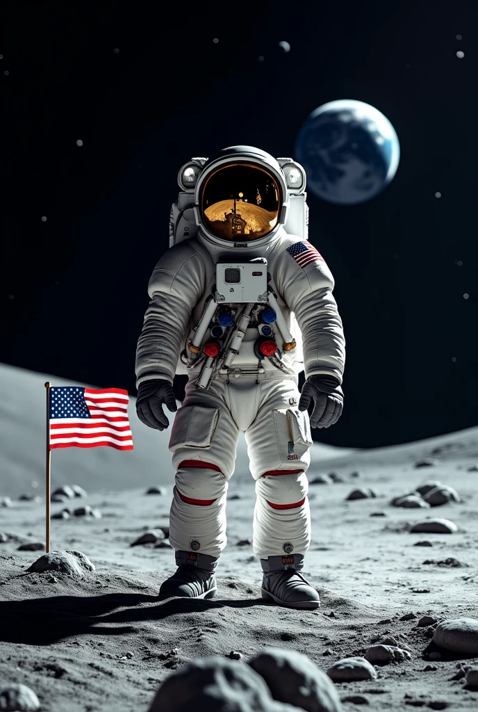 An astronaut in a modern space suit standing on the surface of the Moon. The lunar landscape is barren and covered with fine gray dust, with large craters visible in the background. The Earth is visible in the black sky, glowing with blue and white colors. The astronaut's visor reflects the Earth and the surrounding stars. The American flag is planted in the ground next to the astronaut, fluttering slightly despite the lack of wind. The scene is lit by the harsh sunlight, casting sharp shadows.