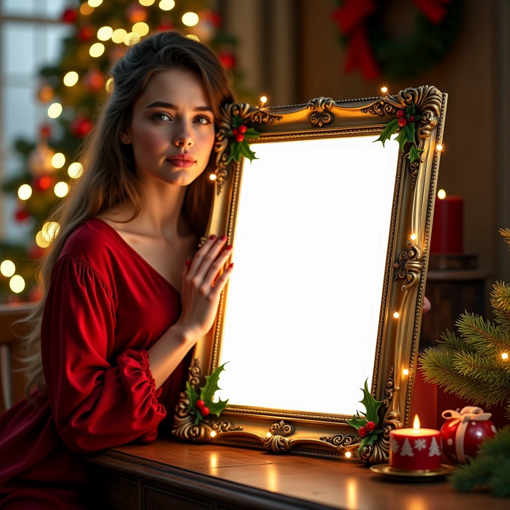 A festive Christmas setting with a beautifully decorated tree in the background, and a vertical DIN A frame propped up on a wooden table. A young woman in a red holiday dress gently places her hand on the side of the frame, making sure not to cover the blank white space inside it. The frame is embellished with holly leaves, berries, and twinkling lights, capturing the essence of the holiday spirit