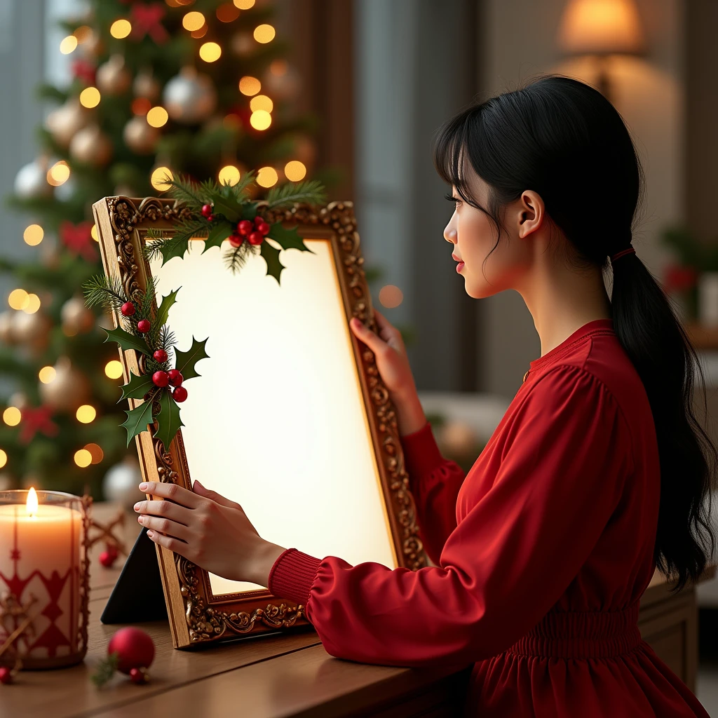 A festive Christmas setting with a beautifully decorated tree in the background, and a vertical DIN A frame propped up on a wooden table. A young woman in a red holiday dress gently places her hand on the side of the frame, making sure not to cover the blank white space inside it. The frame is embellished with holly leaves, berries, and twinkling lights, capturing the essence of the holiday spirit