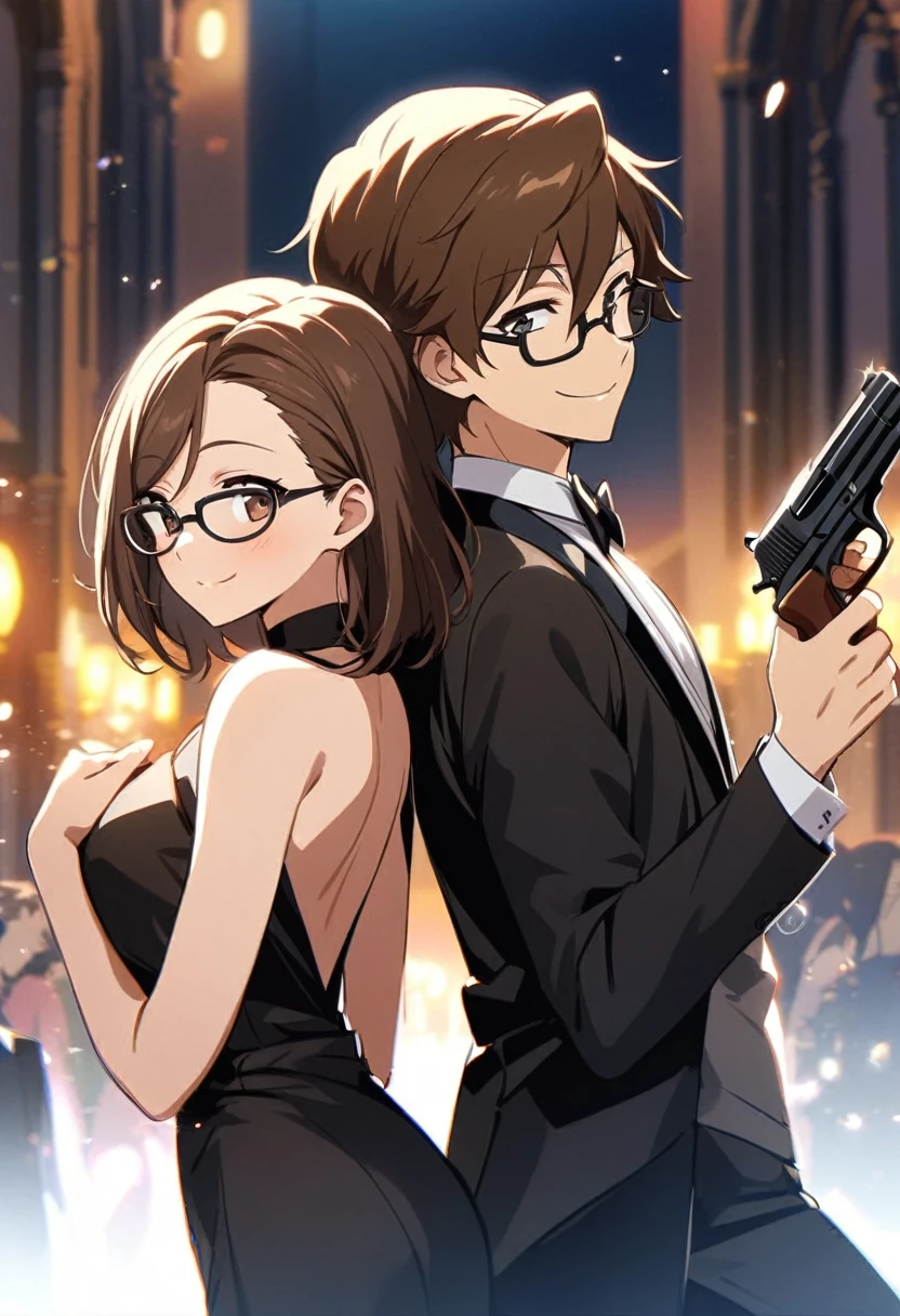 anime, two people, one beautiful female with long brown hair and no glasses with a pistol in a beautiful black sleeveless dress, the other person is a male with short dark brown hair and black rimmed glasses with a pistol in a tuxedo, they are boyfriend and girlfriend, both smiling, back to back, 