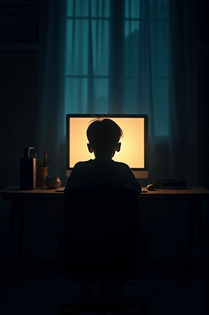 Frame: Wide shot of a dark room, with only the glow of the computer screen lighting up the space.Lighting Angle: Use a single source of light from the computer screen to cast shadows around the room, highlighting the boy’s silhouette.Camera Angle: Low angle from behind the boy, showing his back and the computer screen in front of him.