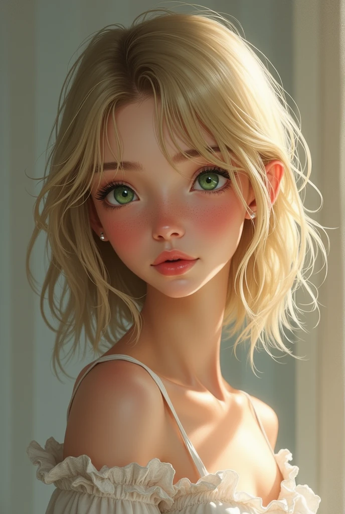 A short and thin 20-year-old girl, straight blonde hair , with green eyes, and with freckles on the nose