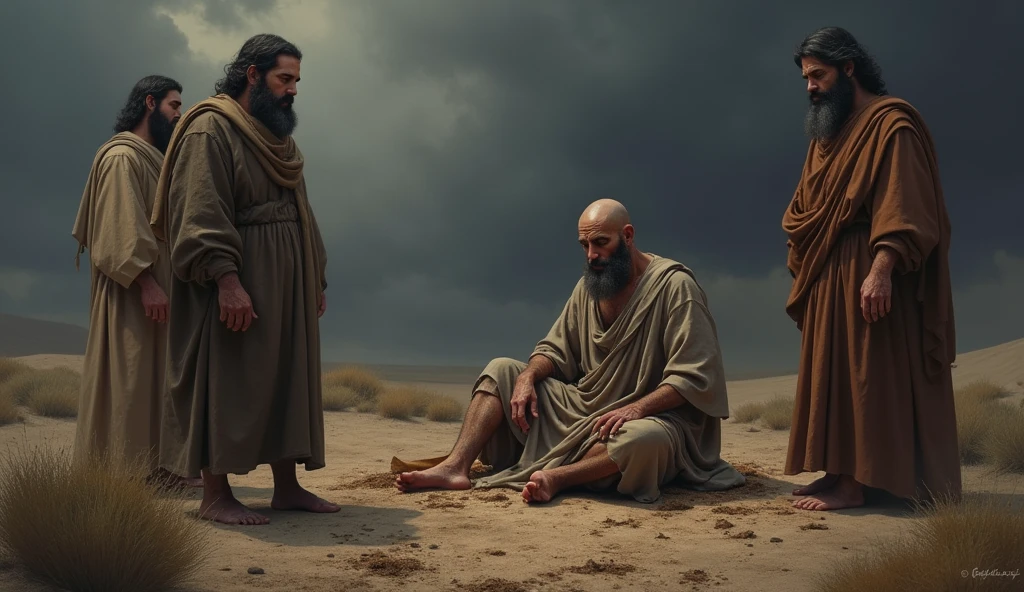 "Create an image that represents the biblical scene from Job 2:12, where Job's three friends, Eliphaz, Formed by Zofar, they see him from a distance and can barely recognize him because of his deplorable state. Show friends standing at a certain distance, with expressions of shock, sadness and disbelief when they realized the gravity of Job's suffering. They are dressed in simple robes, ready to tear their clothes in mourning. No fundo, Job is sitting on the floor, covered in wounds and sores, almost unrecognizable. The surrounding scenery is desolate, with a dark sky and heavy clouds, reflecting the gravity of the situation. The image should capture the moment of recognition of Job's deep suffering and the pain shared by his friends.."
jo is a middle aged man with a shaved head