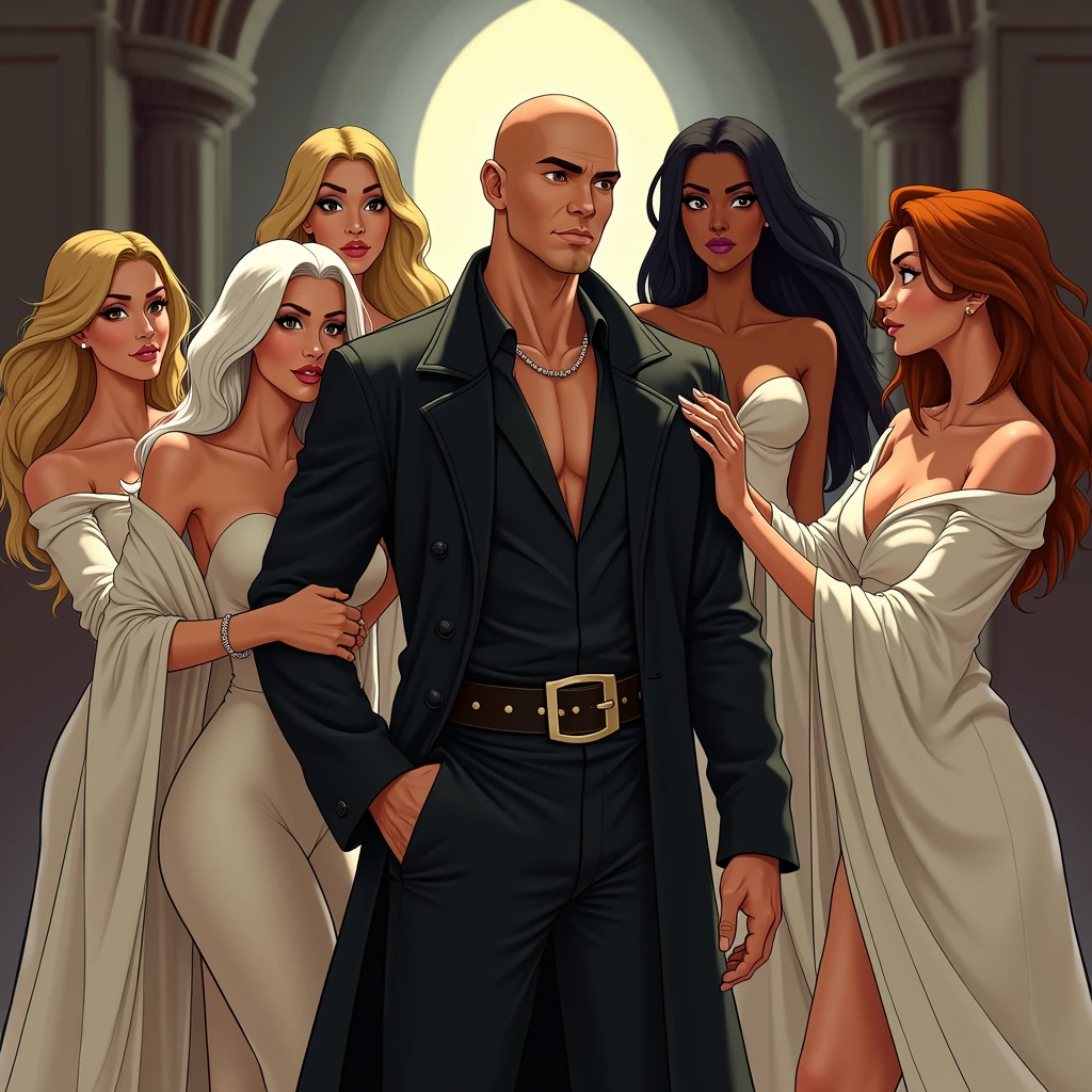 A bald man dressed in black leather in front of everyone, Behind a very sexy white-haired woman hugging the man's arm, Next to her is another woman with blonde hair with one hand on the man's shoulder and another woman with dark hair, taller than the others, standing behind the blonde., dressed as sensual Templars in white clothes, Disney drawing style