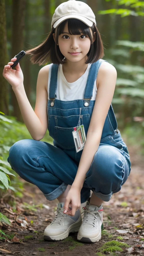  female high school student、japanese girl、overalls over tanktop、hunting cap、short hair、high detail、High level image quality、Camera shooting from a high position、look at the camera、squat in forest、fullbody shot