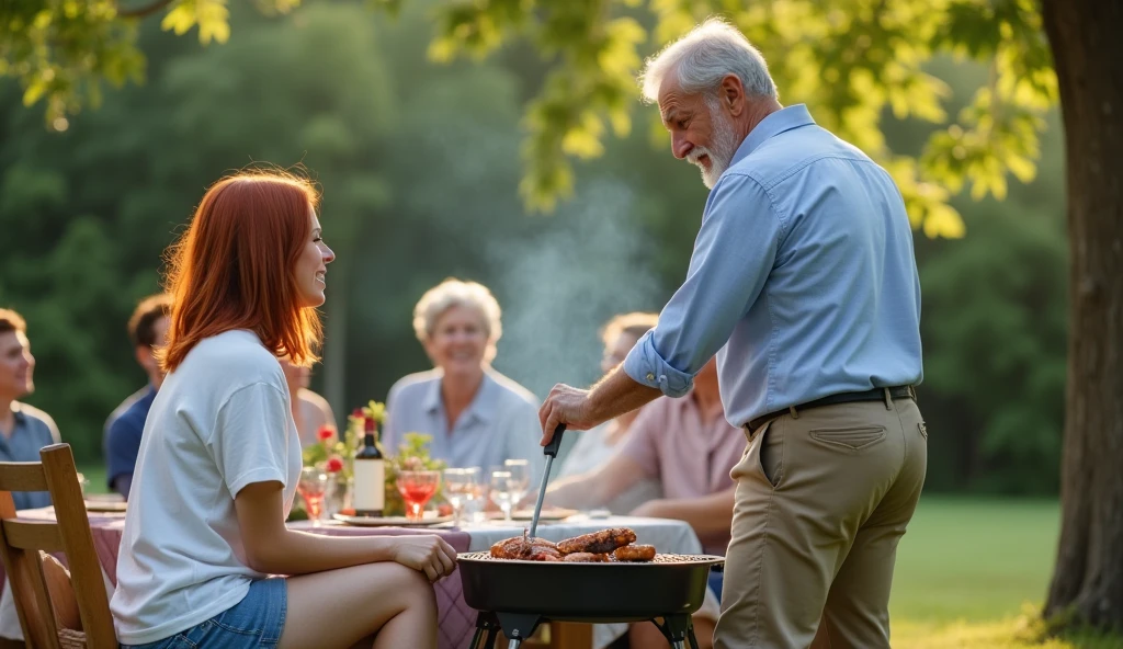 the best photo, the most realistic ,Clareza 4K, red-haired woman, shoulder length red hair ,age 25 ,White cotton shirt ,short jeans .é uma reunião de familia a mulher esta sentada o naughty man está fazendo o churrasco . naughty man , aged 50, fatter ,gray hair, with small gray beard , wearing a light blue dress shirt, black boot, and bage pants.