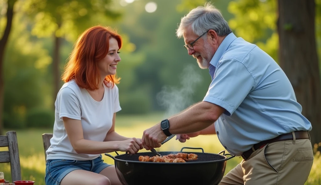 the best photo, the most realistic ,Clareza 4K, red-haired woman, shoulder length red hair ,age 25 ,White cotton shirt ,short jeans .é uma reunião de familia a mulher esta sentada o naughty man está fazendo o churrasco . naughty man , aged 50, fatter ,gray hair, with small gray beard , wearing a light blue dress shirt, black boot, and bage pants. 