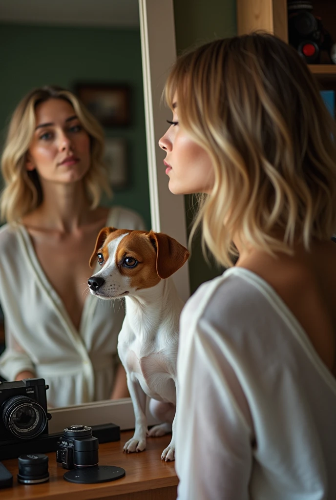 Young woman of average height with short shoulder-length blonde hair and brown eyes is sitting in front of a mirror waiting for a shoot with a Jack Russell dog