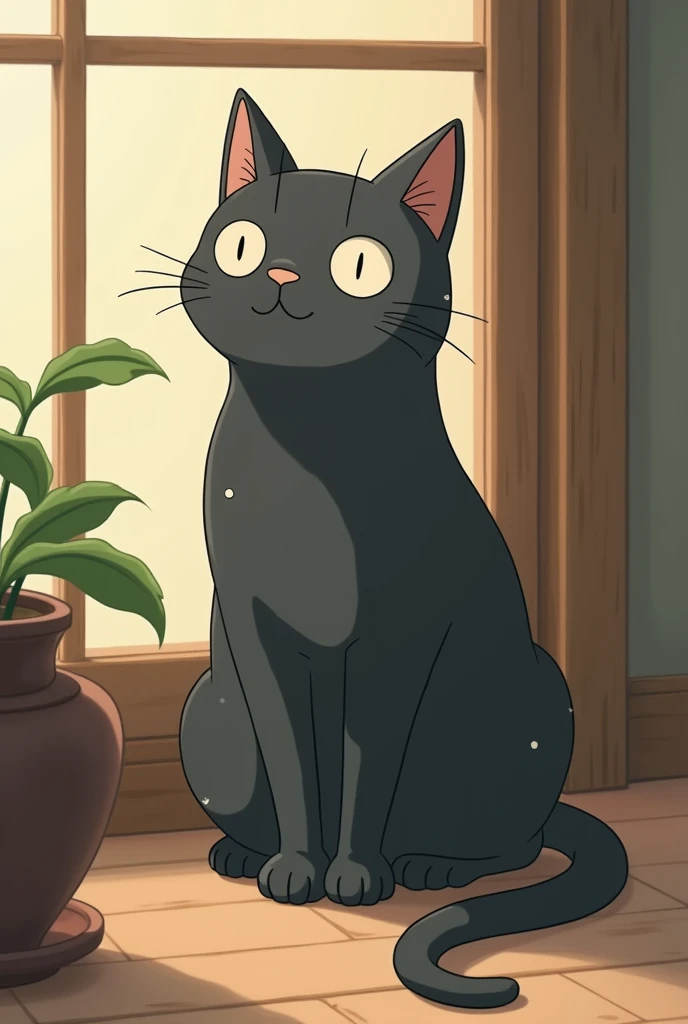 I want a mobile wallpaper that has a dark grey cat with small beige spots on its face, I would like the background to be something that reflects peace, I would like the drawing style to be like Studio Ghibli, I want the drawings to be detailed and that when you see it, it reflects nostalgia and peace.. I likeria que la imagen tenga un estilo más adulto, not so . The cat should be seen in full length and in proportion to the background.. I like, but the cat is a little smaller