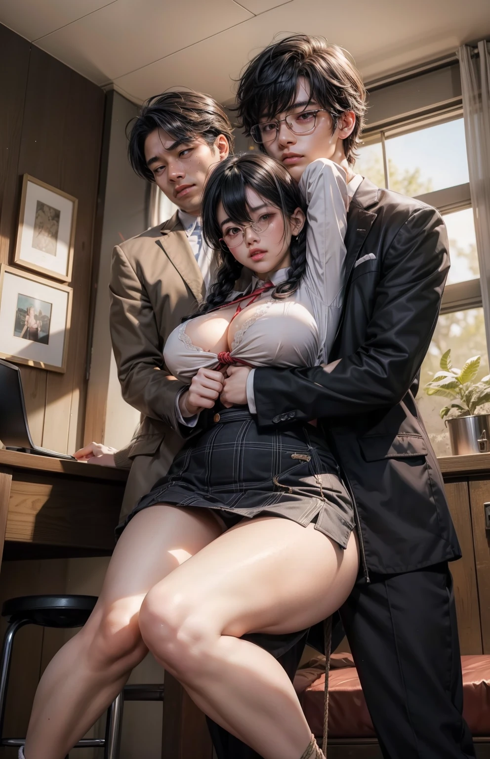 1girl, (2boys), three people, 1、 (nose blush, Naughty, half opened eye, ), [Full body shot]、Plenty of love juice、pale pubic hair、Full body shot,body piercings,Large open legs、Head-to-toe shots、Squirting、slightly turned to the side、hips move up and down、Chest sways up and down、Crying in pain、Swing your hips up and down violently、Ahegao、Lower your hips deeply、hips are on the floor、hanekawa tsubasa、her black hair is tied into two braids、eye glass、Colossal tits、Colossal 、Her body is tied with ropes、Chest pressure.、Tearing off the whites of the eyes and fainting、Keep your hands on your head、Standing on one leg、