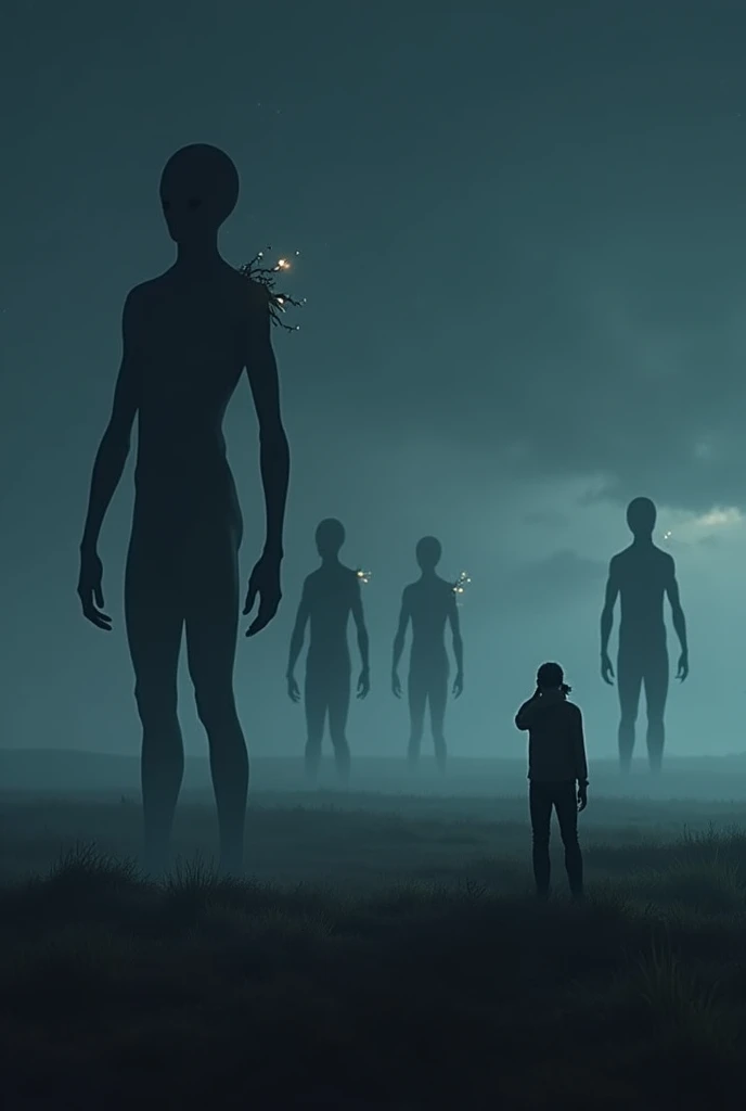 some black alians in very big field ground in night and a man with camra in his hand looking to alians and light on the sky 1280x720