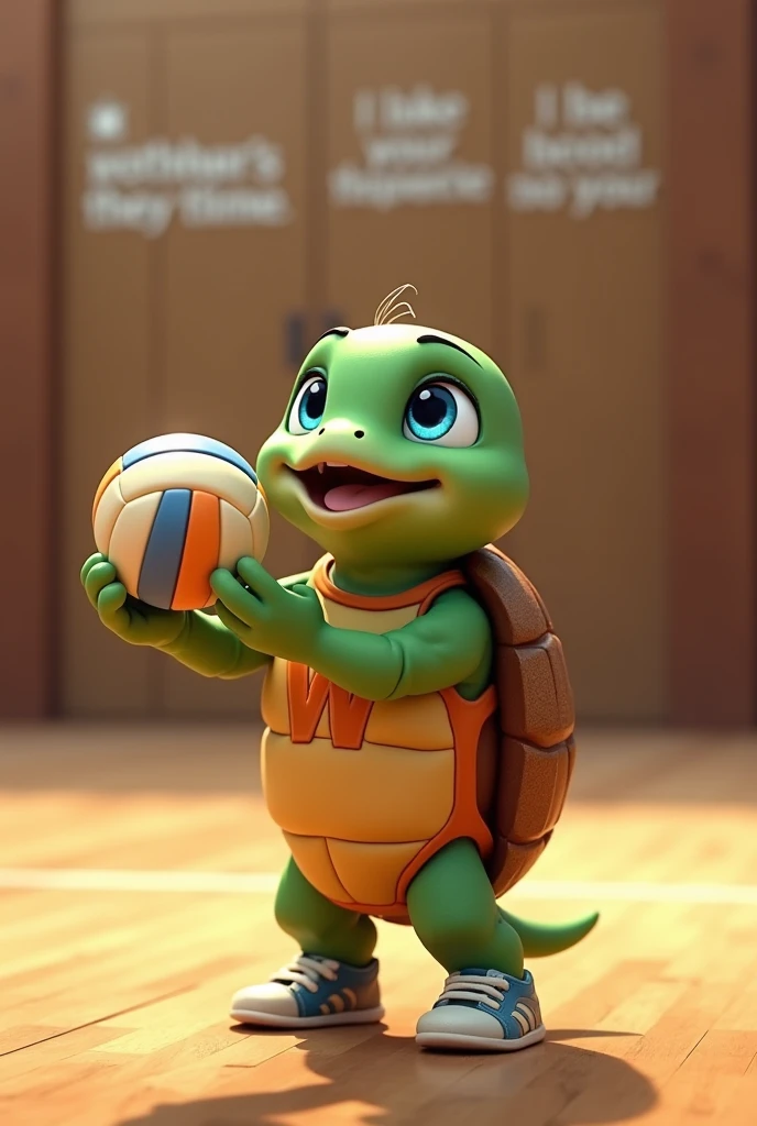 Waku, an adorable turtle with vibrant green skin and a rich brown shell, looks up with bright blue eyes shining with excitement, as if celebrating a triumphant spike, stands on a modern indoor volleyball court, prepared for volleyball training, wearing a small tank top with a stylized orange "LSVM" logo on the chest, her tiny tennis shoes tied up and ready for the next serve with a volleyball in her hands, a few strands of sweat-soaked hair sticking together to your front, capturing the essence of your joyful and competitive spirit, with soft, warm lighting that casts a comforting glow on the overall scene.