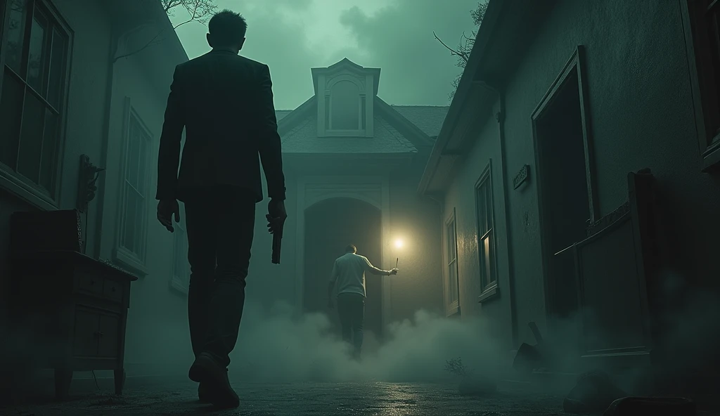 make an illustration from the point of view of a man exploring a house where experiments were carried out with dark bodies and forces, show the inside of the house , he has a pistol in one hand and a flashlight in the other, place elements that give the image a dark mood, fog and similar elements, ultra-realistic and detailed