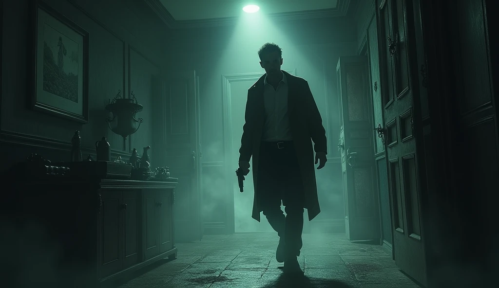 make an illustration from the point of view of a man exploring a house where experiments were carried out with dark bodies and forces, show the inside of the house , he has a pistol in one hand and a flashlight in the other, place elements that give the image a dark mood, fog and similar elements, ultra-realistic and detailed