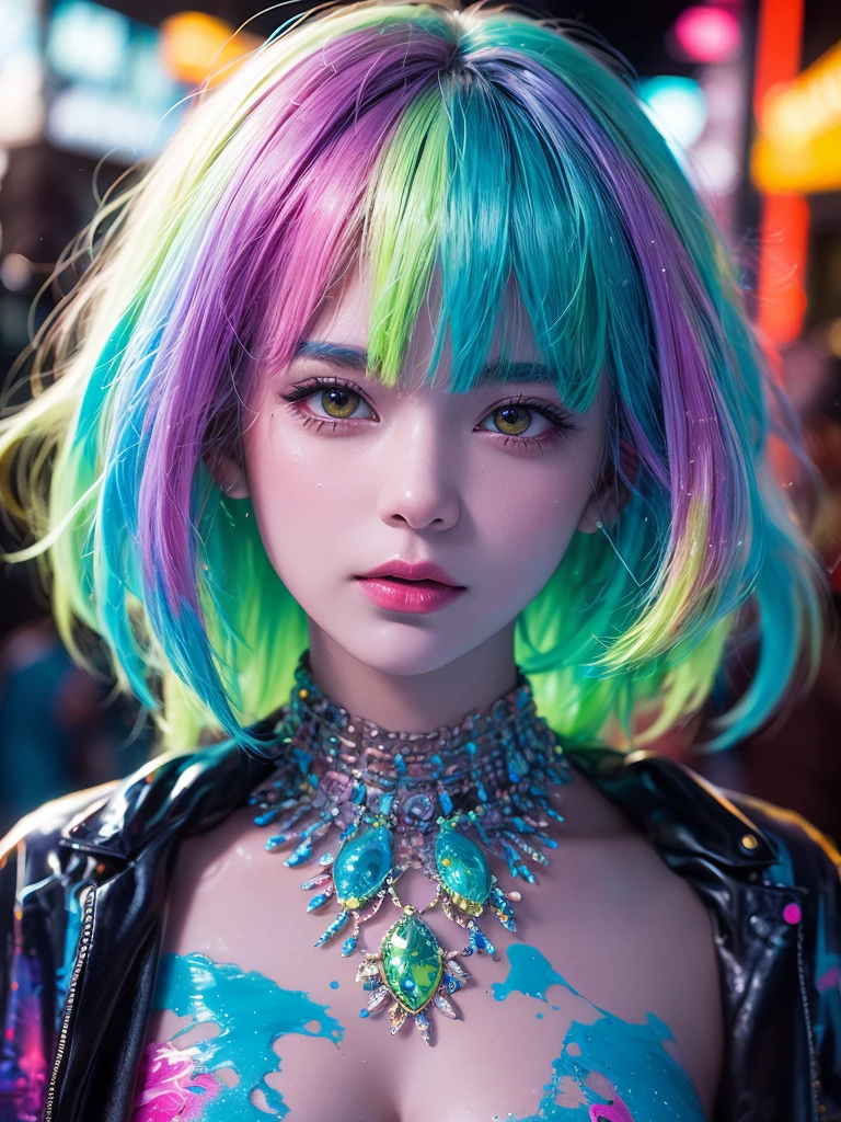 beautiful artwork,(Extreme Detail CG Unity 8K wallpaper、masterpiece、top-quality)、(exquisite lighting and shadow、highly dramatic picture)masutepiece、Best Quality, High resolution, Extremely detailed,Division method), Ground Level Shots、Full body shot from below、rainbow paint background,(((The background is a fantastic light with gradation colors............................................))), ((Gradient Color Hair)),((Gradient color striped hair)), Beautiful detailed eyes,(Gradient color eyes),(((Colorful eyes))),(((The background is a gradation color))),(((High color saturation))),(((Surrounded by colorful lights)))heterochromia iridis, (colourfull:1.5),hight resolution, (((Naked state)))Japanese man sitting, femele , Colorful hair(Long hair:1.8), (Side Ponytail:0.2), (wind blown hair:1.2),Wearing fishnet stockings、 )),((((srestrained、A red and black tentacle without a suction cup sticks to your hand..........., covered with mucus、A tentacle without a suction cup digs into your crotch.........))),(((Colossal tits: 1.5))),(((drooping chest:1.3、cleavage of the breast:1.4,erectile nipple:1.3 ,Raised areola,:1.))),(big breasts thin waist :1),(big butts: 1.2),bright skin, tthin eyebrows,beatiful detailed eyes, long eyeslashes,colorful eyeballs,light orange lip,Love juice drips from the crotch、Girl Leaking Pee、Mouth ajar,Drooling ,The pubic area is hairless ,The pubic shape are Clearly Visible、