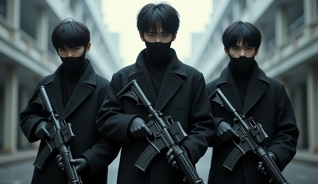 Shooting spree by three Japanese handsome male college students terrorists。Full body black。The clothes are black。Gloves are black。Everyone stands in the same position in a row。Don&#39;t blur the background。Everyone has their guns and rifles ready。
