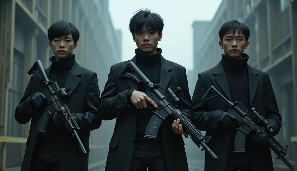 Shooting spree by three Japanese handsome male college students terrorists。Full body black。The clothes are black。Gloves are black。Everyone stands in the same position in a row。Don&#39;t blur the background。Everyone has their guns and rifles ready。