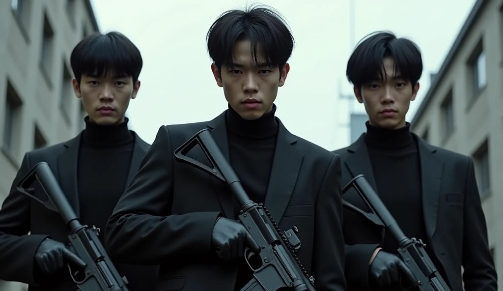 Shooting spree by three Japanese handsome male college students terrorists。Full body black。The clothes are black。Gloves are black。Everyone stands in the same position in a row。Don't blur the background。Everyone has their guns and rifles ready。