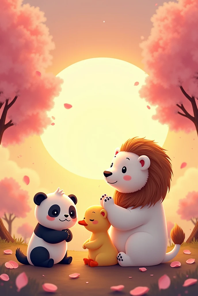 A panda and a duck hugging , a lion cub with a mane and a polar bear and they are praying, at sunset in korea with cherry blossoms. I want a kwai drawing