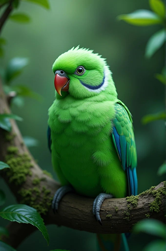 A parakeet, emerald green, green eyes, magical bird