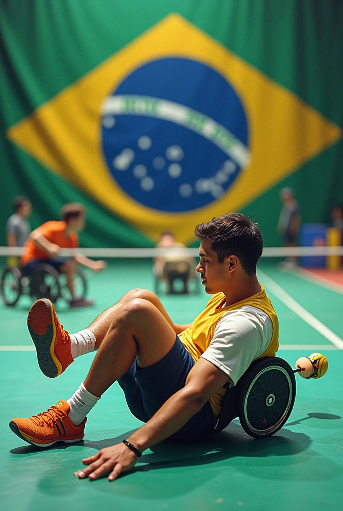 Image with Paralympic athletes from Brazil, a wheelchair tennis player, a badminton dwarf and a table tennis woman with no arm, and these athletes must be on their backs

