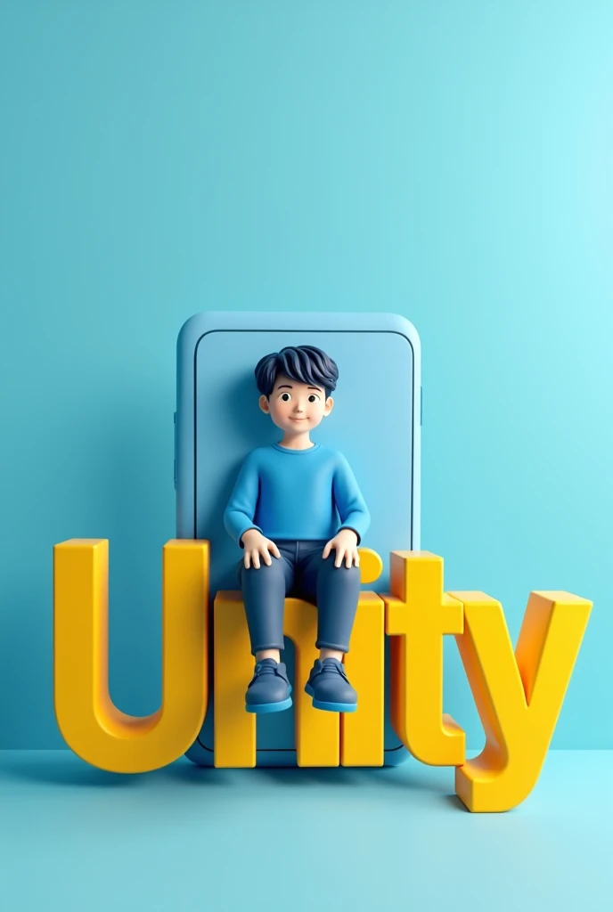 A boy sitting on his school name which is unity and the name is in 3D form. The color of the boy uniform is sea blue as the top and blue black as the down. And also make the text yellow and the background a nice gradient of blue. Make both text and human big and also place a big mobile phone at their back. Lastly make the boy face front and on of his leg swing down. Please make him a university guy and the Name Unity