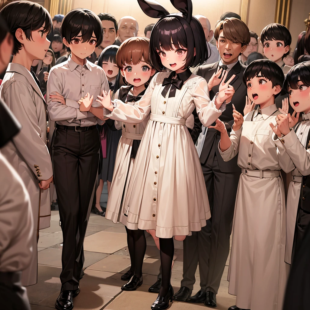 boy, masculine, child, kid, , cute boy, choir, in a choir, multiple characters, background characters, black hair, black haired child, blush cheeks, cute, perfect face, taned skin, small eyes, cute nose, pink nose, rabbit teeth, white tooths, smile boy, singing, all in choir, no extra limbs, no extra arms, no extra legs, no extra fingers, 1930 clothes, old clothes, retro clothes, orphanage scenario, Jungkook apareance, Idol apareance, BTS member apareance, child Jungkook apareance