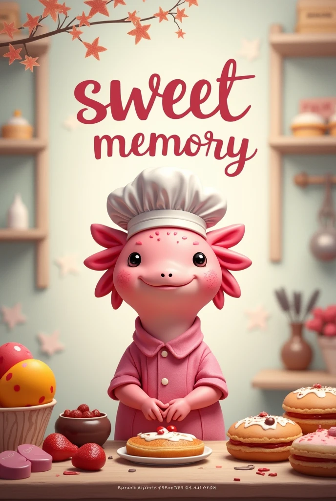I need a Facebook cover with a pastry chef axolotl dressed in her pink blouse and that says Sweet Memory in her blouse, It is a pastry and catering business, but it's a facebook cover, I require it throughout and that it has my social networks:
Instagram @dulrecuerdobakery
Tiktok: Sweet Memory WhatsApp 7226007718 It's that you make the axolotl as if it were a rat and it's not a rat