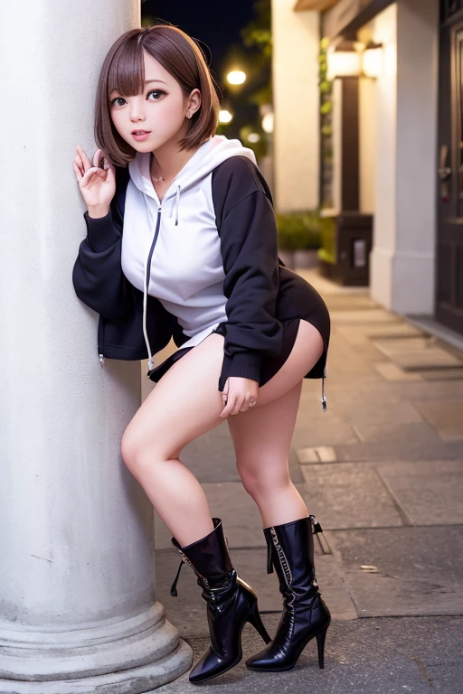 Knee-high high-heeled boots、Mini skirt with slit、Pull-zip hoodie、One 2 woman、Short Bob Hair、Medium breast、Pier at night、Standing leaning against a pillar、masterpiece:1.3、Raw photo quality、Highest quality、Detailed Images、Detailed Background、