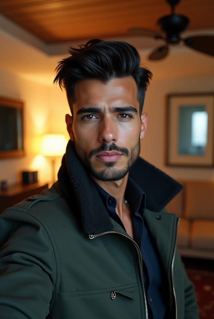 realistic: 1.3, (photorealistic, 8k, RAW photos, premium quality, masterpiece, epic lighting. Selfie, 1 handsome man, self-confident South American, perfectly detailed face and body, scene inside an apartment, lots of lighting, lighting dynamic pose, beautiful detailed hair, urban clothing, 2 full body photo, selfie photo