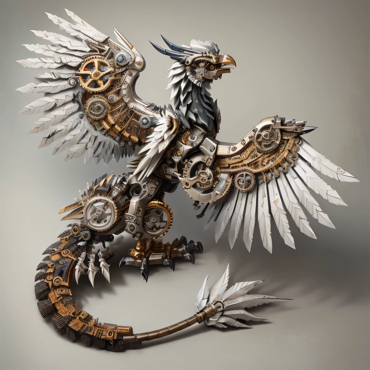 Strampunk style mechanical griffin, top view, cartoon style