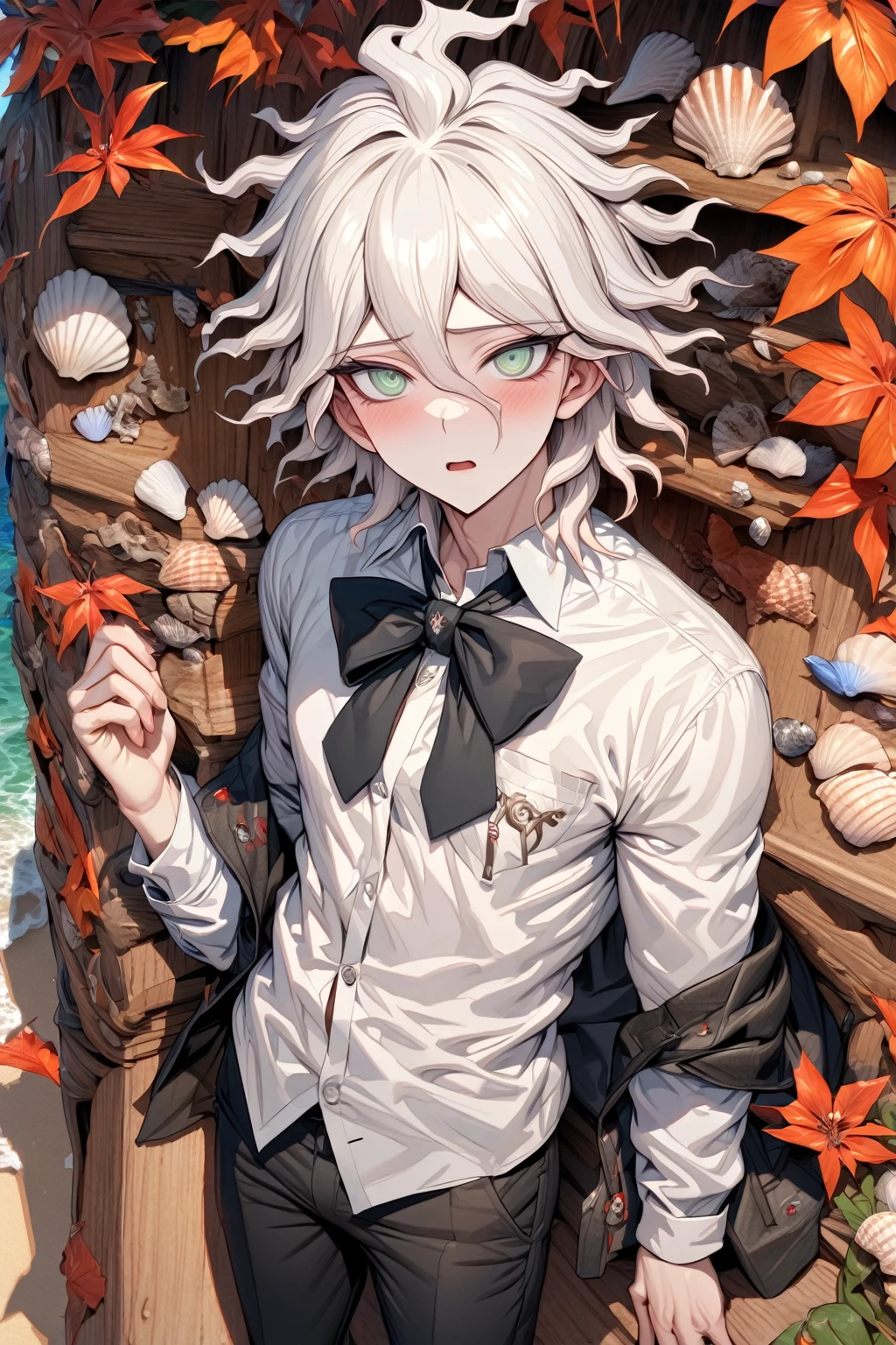 Ultra detailed, Highres, absurdres, HDR, master piece, Komaeda Nagito, white hair, expressive gray-green eyes, Danganronpa, sexy man sitting, solo, black jacket, black necktie, black pants, white shirt, glittering, sensual, fantasy, manly man, horny, beach, seashells, sea, sand, orange leaves