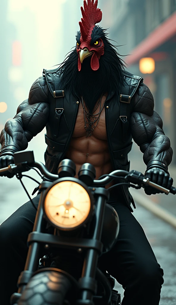 den, rooster bird, male, adult, veiny muscles, defined body, toned muscles, dark black pants, terrorist, bandit, criminal, pirate, serious look, fierce look, small eye, black feathered body, white feathers, detailed background, wild background, clear weather, realistic, photorealistic, ultra realistic, 8k, bare chest, black nipples, tight crotch, shirtless, utility belt, shiny skin, torso tattoo, long feathers, unbuttoned black vest, riding a motorcycle in the illuminated city